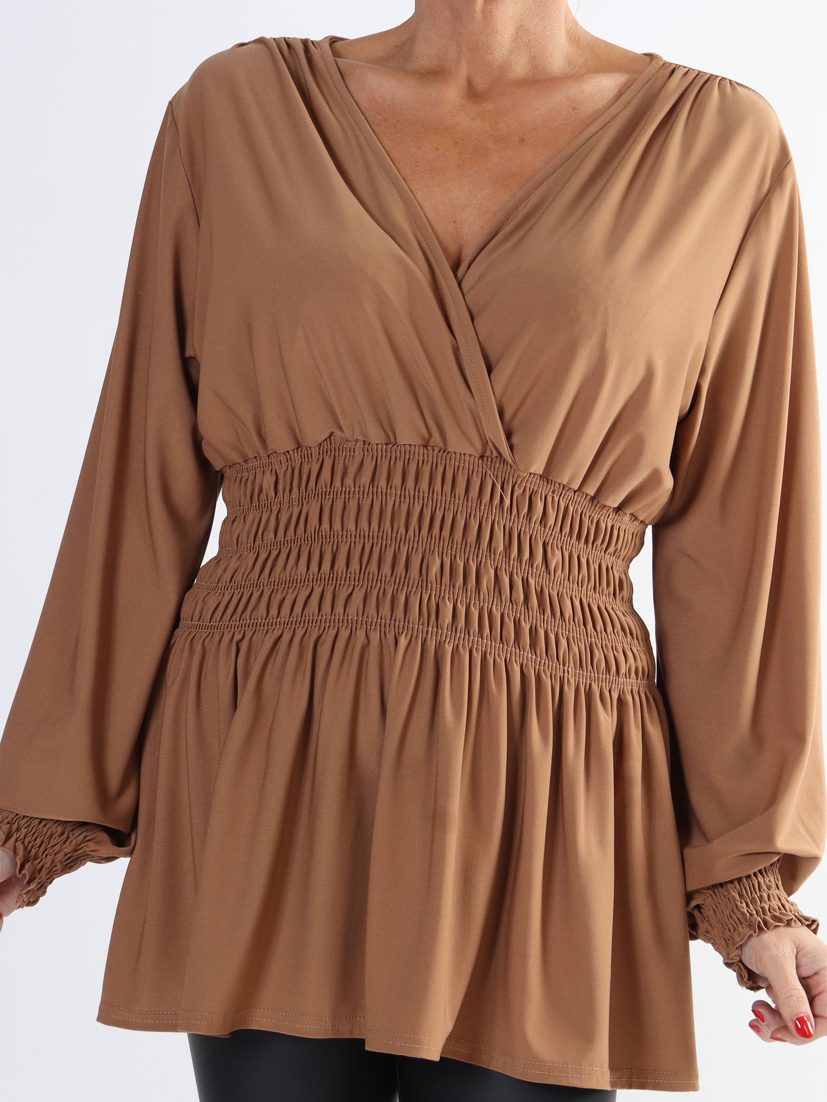 Pams Plain Shirt L/S - Plus size bluse i elastisk stof med lange ærmer